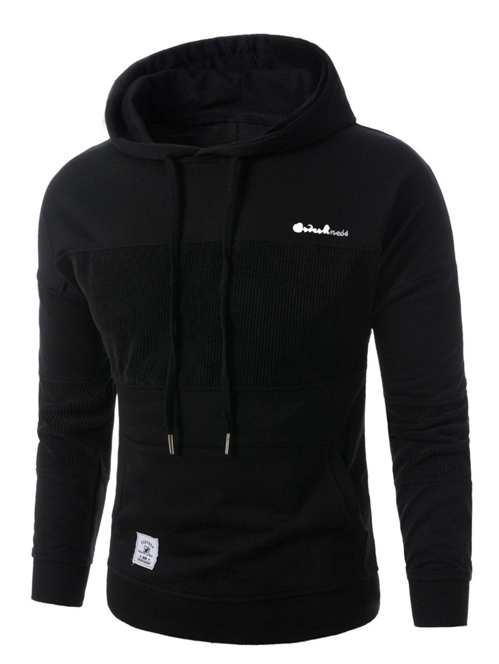 

Corduroy Panel Embroidered Pullover Hoodie, Black