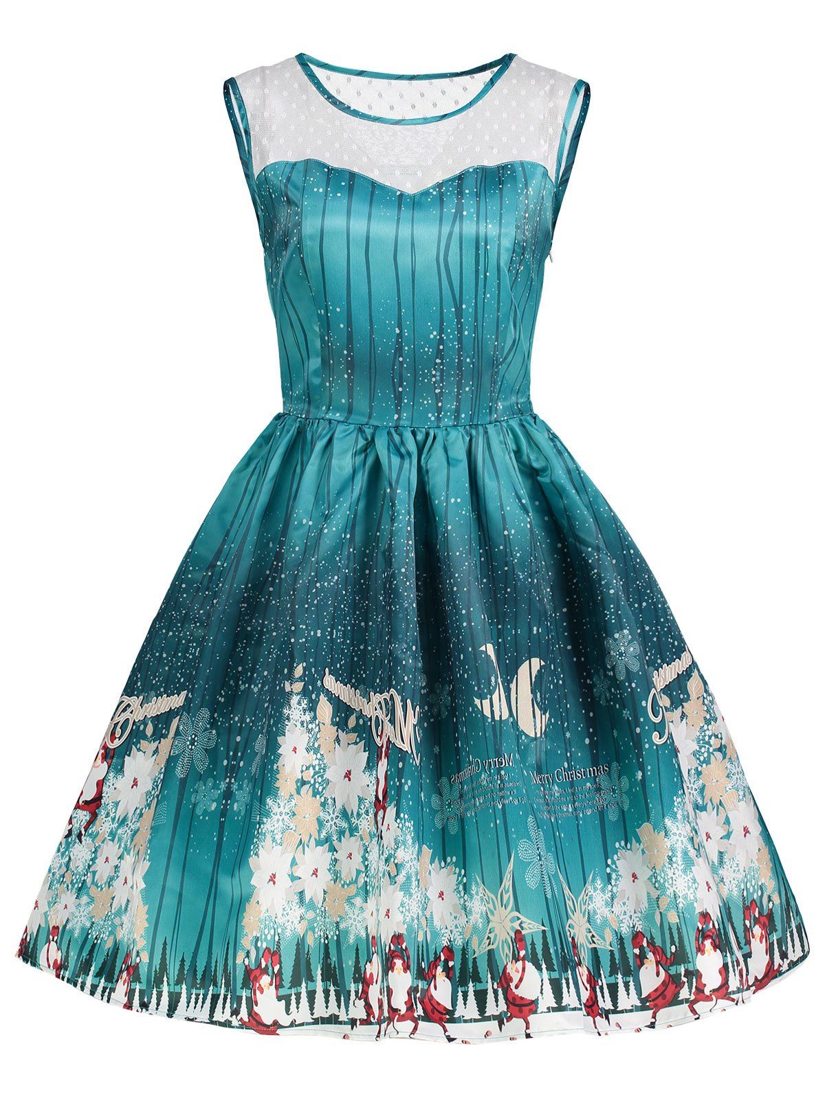 

Christmas Print Mesh Panel Vintage Dress, Green