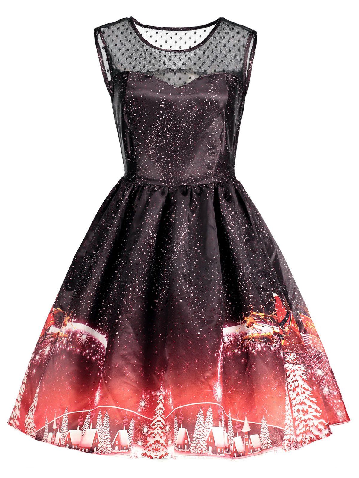 

Christmas Printed Mesh Insert Vintage Dress, Black