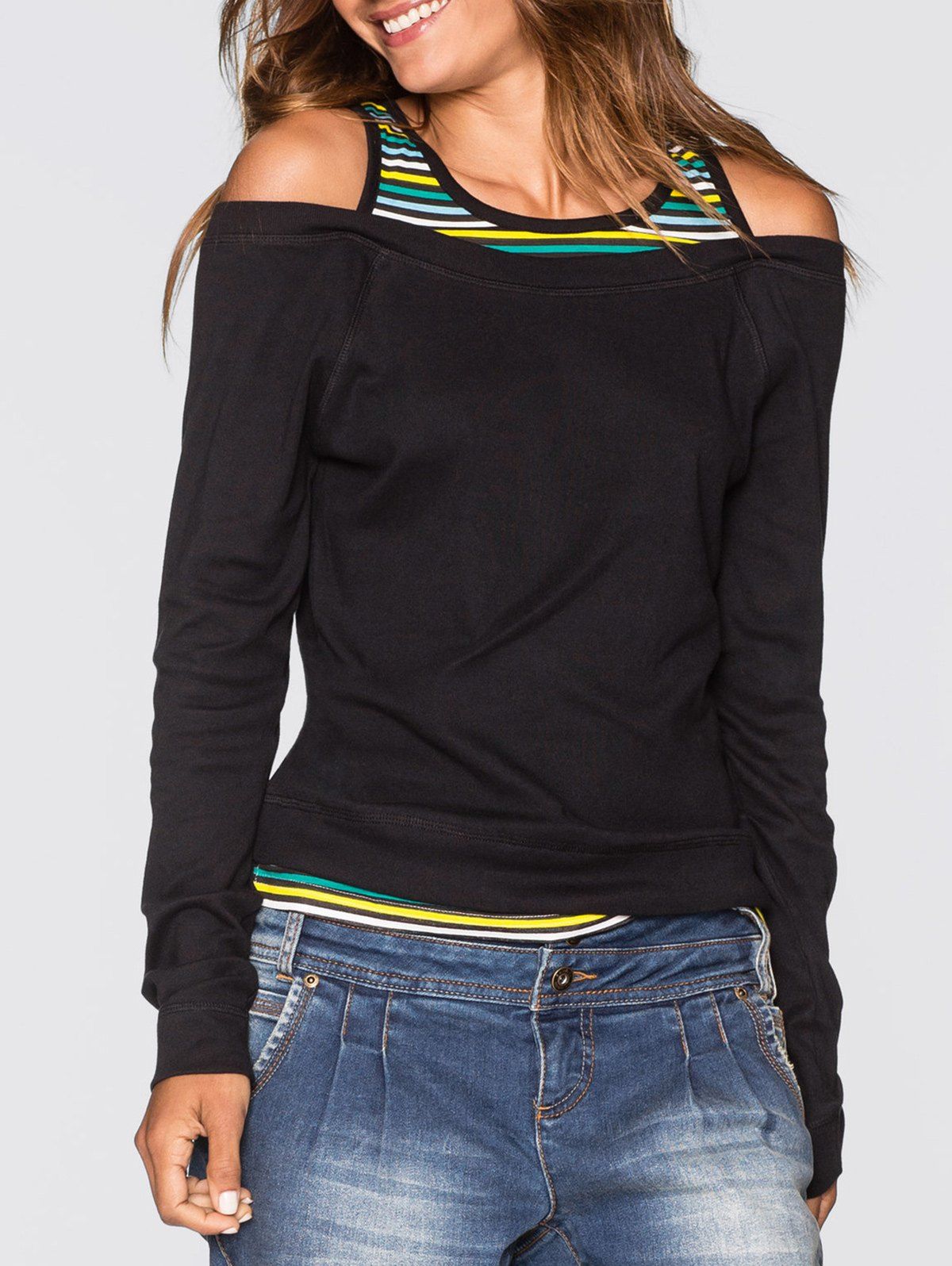

Long Sleeve Cold Shoulder Striped Insert T-shirt, Black
