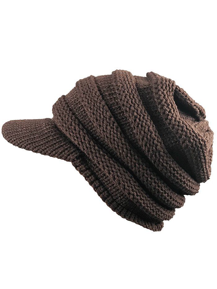 

Vintage Striped Pattern Ribbed Knit Hat with Brim, Coffee