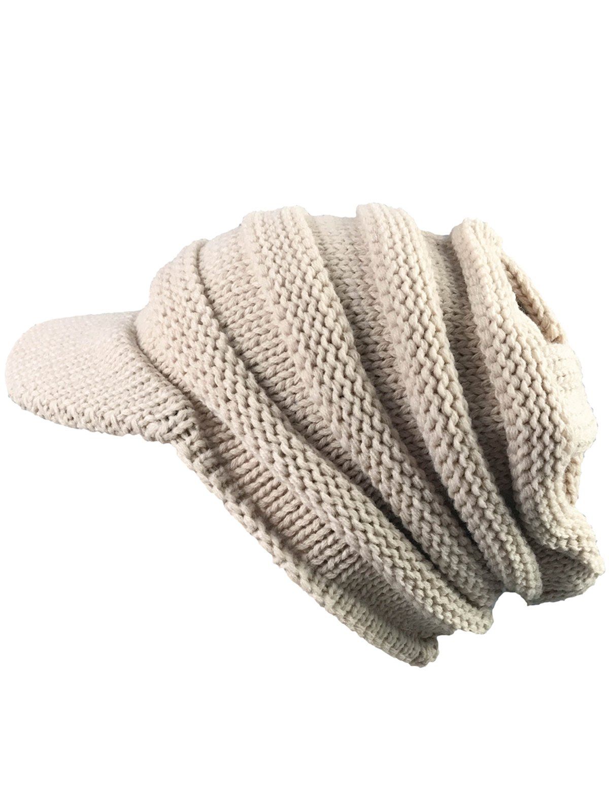 

Vintage Striped Pattern Ribbed Knit Hat with Brim, Beige