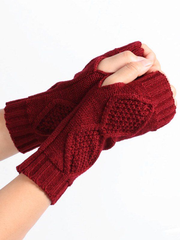 

Rhombus Stripe Crochet Knitted Exposed Finger Gloves, Wine red