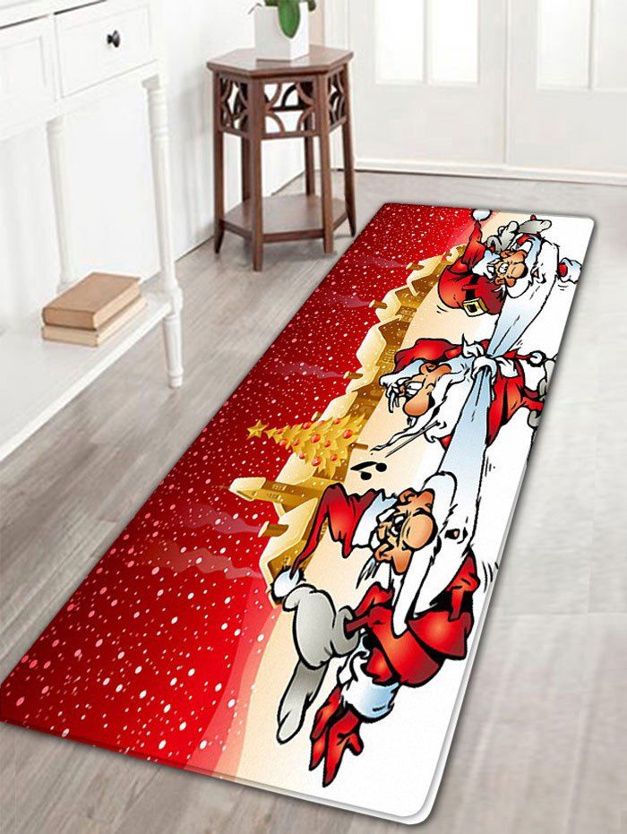 

Three Santa Claus Pattern Flannel Nonslip Christmas Bath Rug, Red