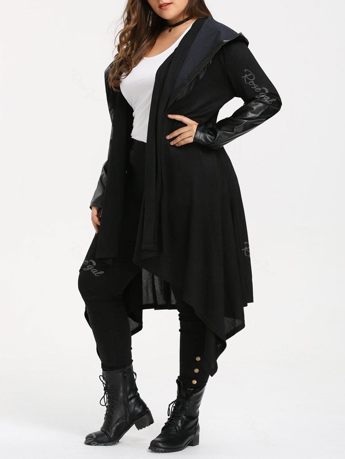 

Faux Leather Insert Plus Size Asymmetric Long Coat, Black
