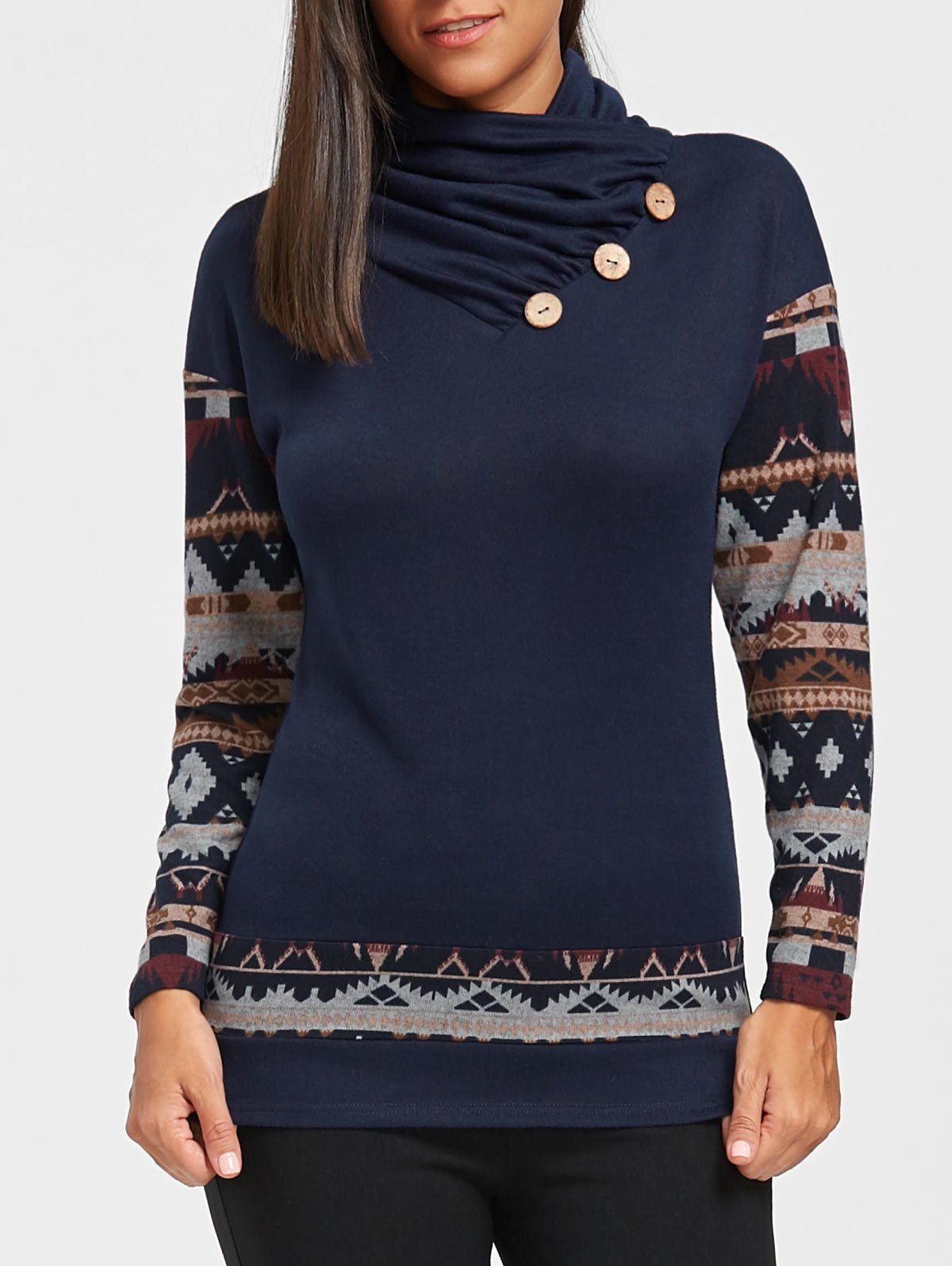 

Button Embellished Tribal Print Top, Deep blue