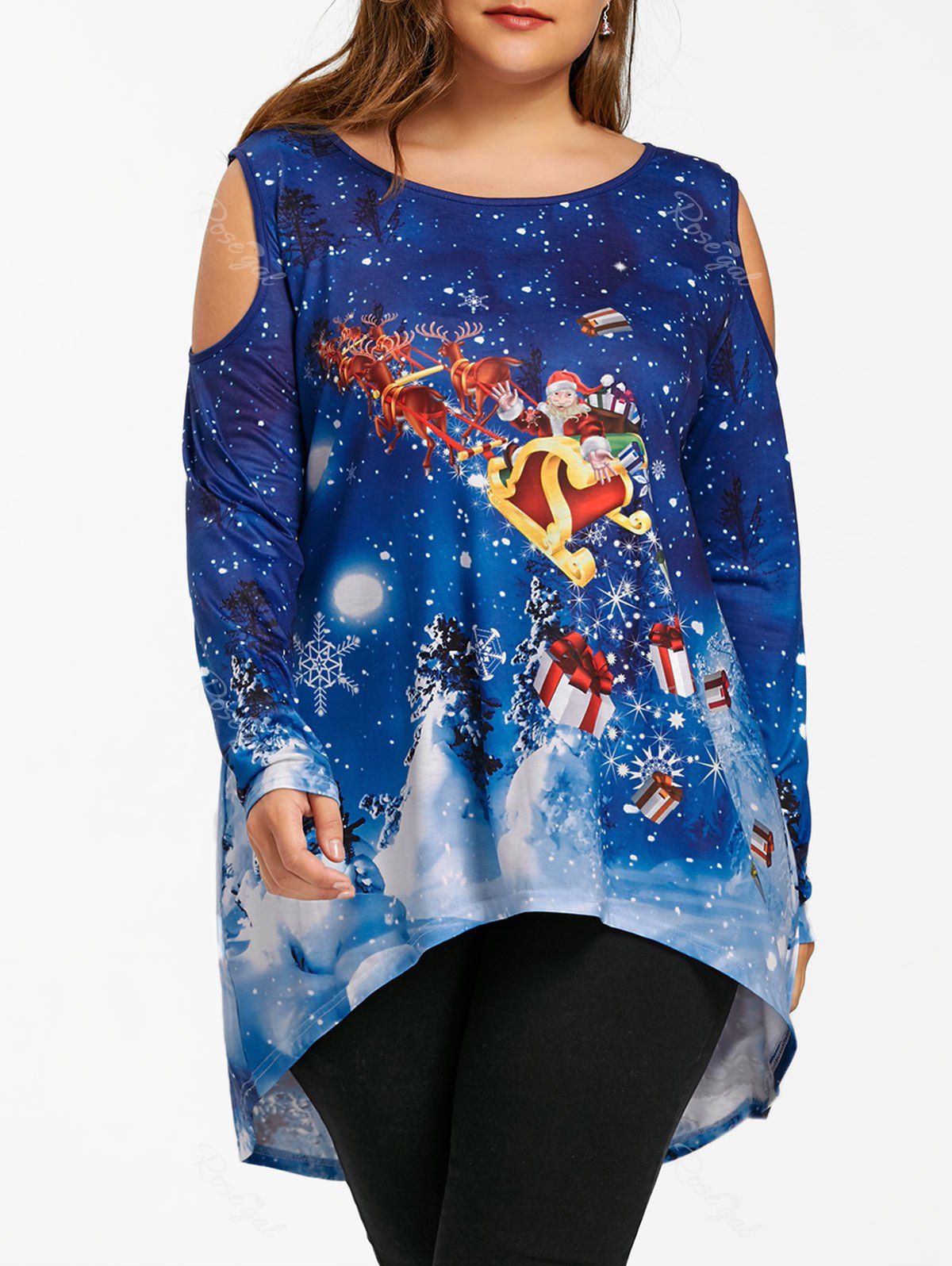 

Christmas Plus Size Dip Hem Cold Shoulder Top, Blue