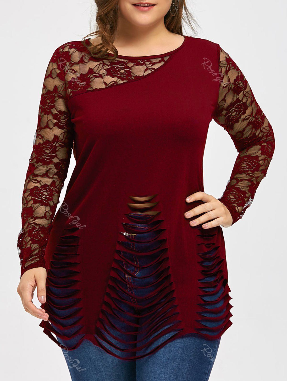 

Plus Size Lace Insert Ripped Top, Wine red