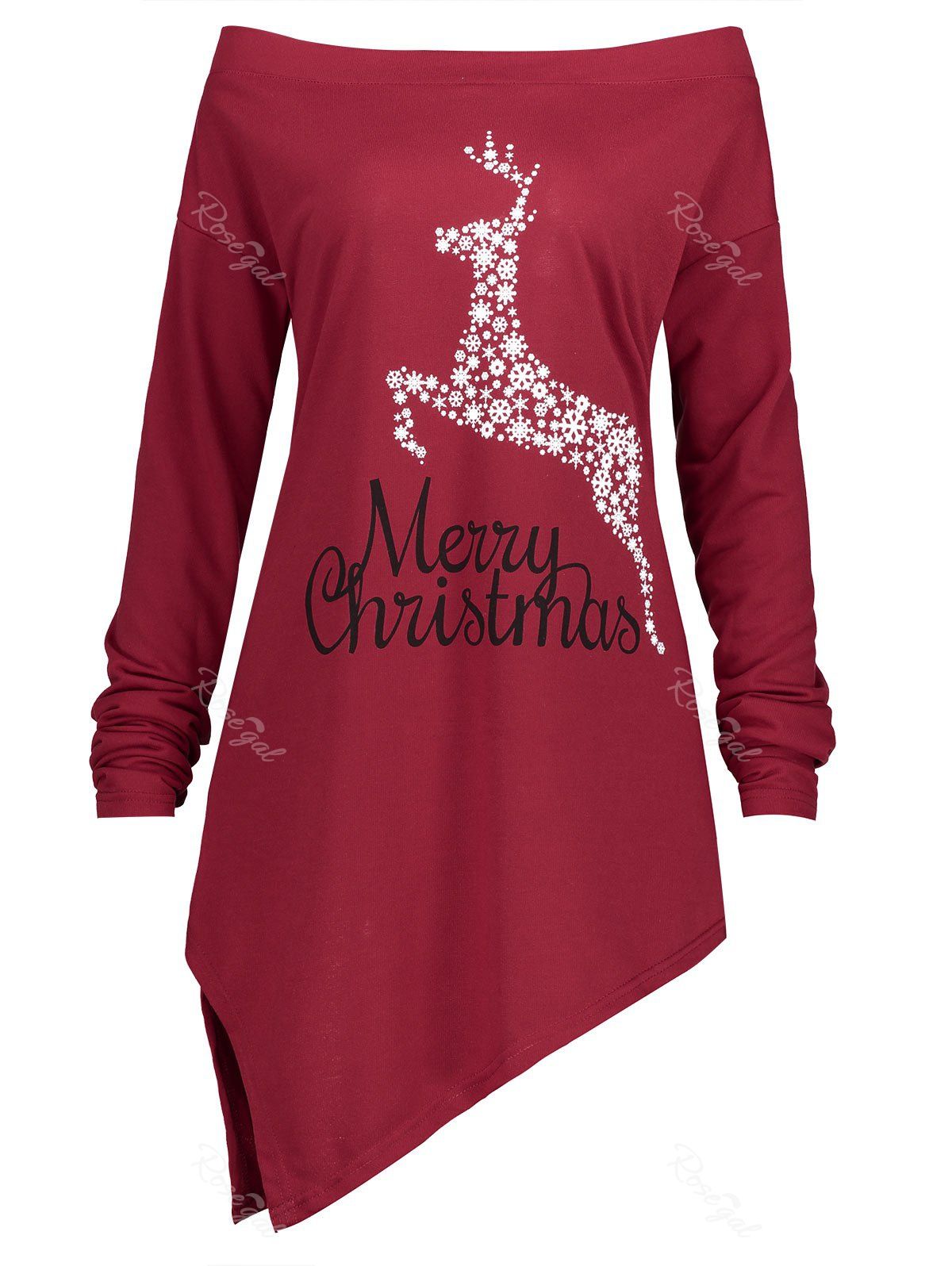 

Christmas Elk Snowflake Plus Size Asymmetrical Tee, Red