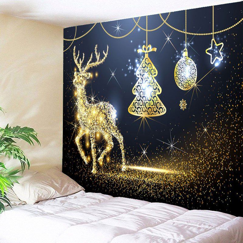 

Christmas Elk Tree Star Ball Print Wall Tapestry, Black blue