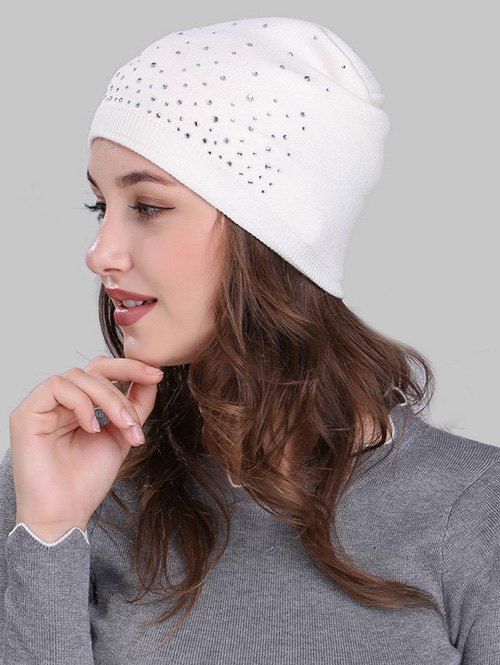 

Outdoor Rhinestone Embellished Crochet Knit Beanie Cap, White