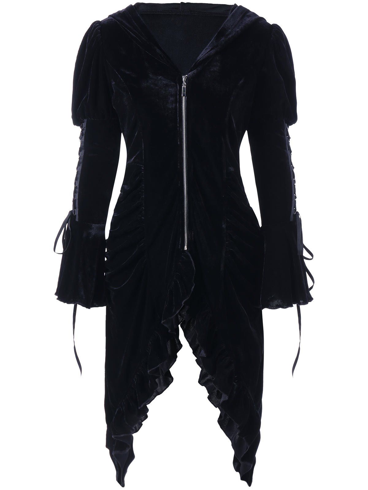

Ruched Flounced Lace Up Hooded Coat, Black