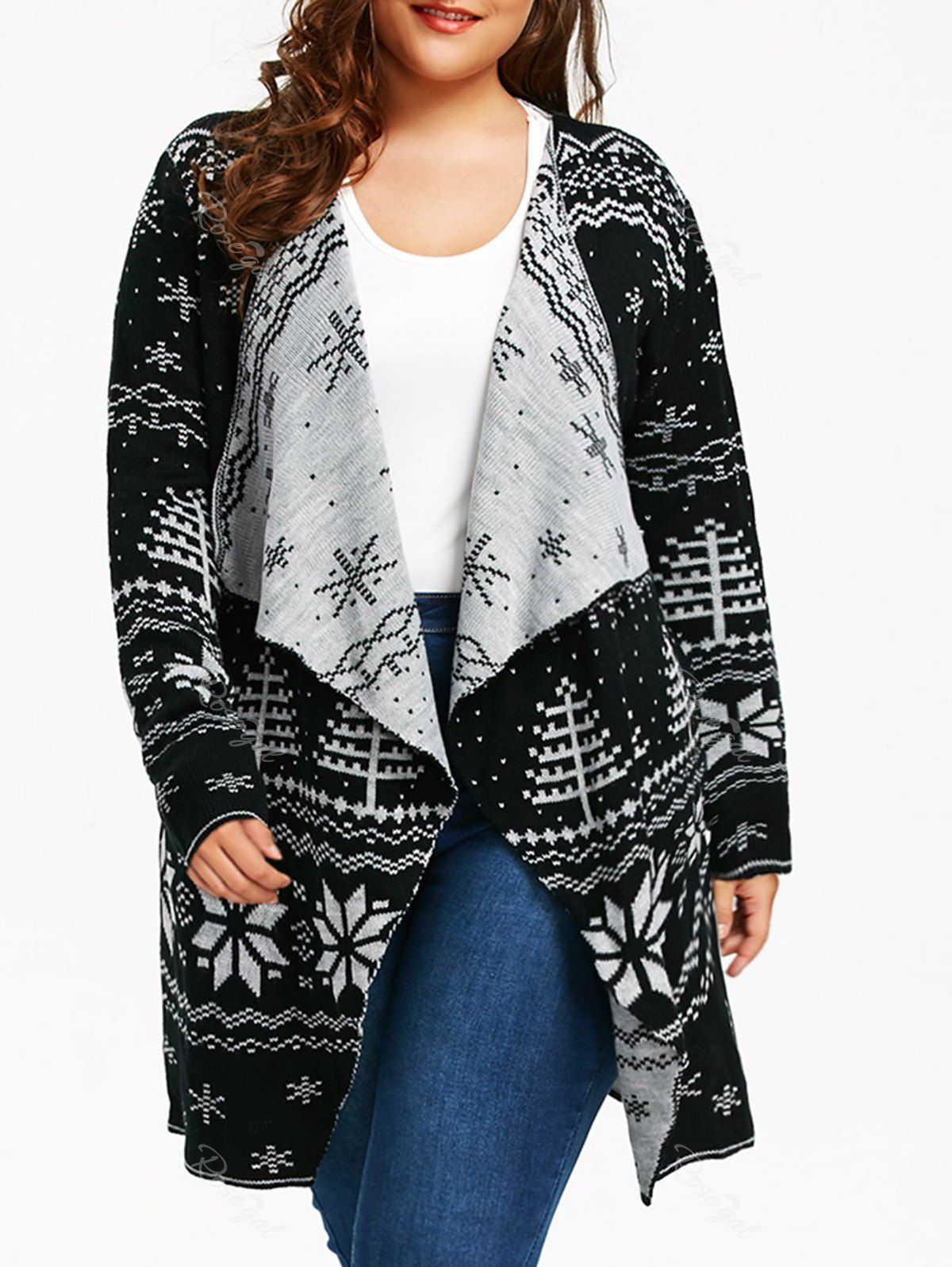 

Christmas Snowflake Plus Size Tunic Draped Cardigan, Black