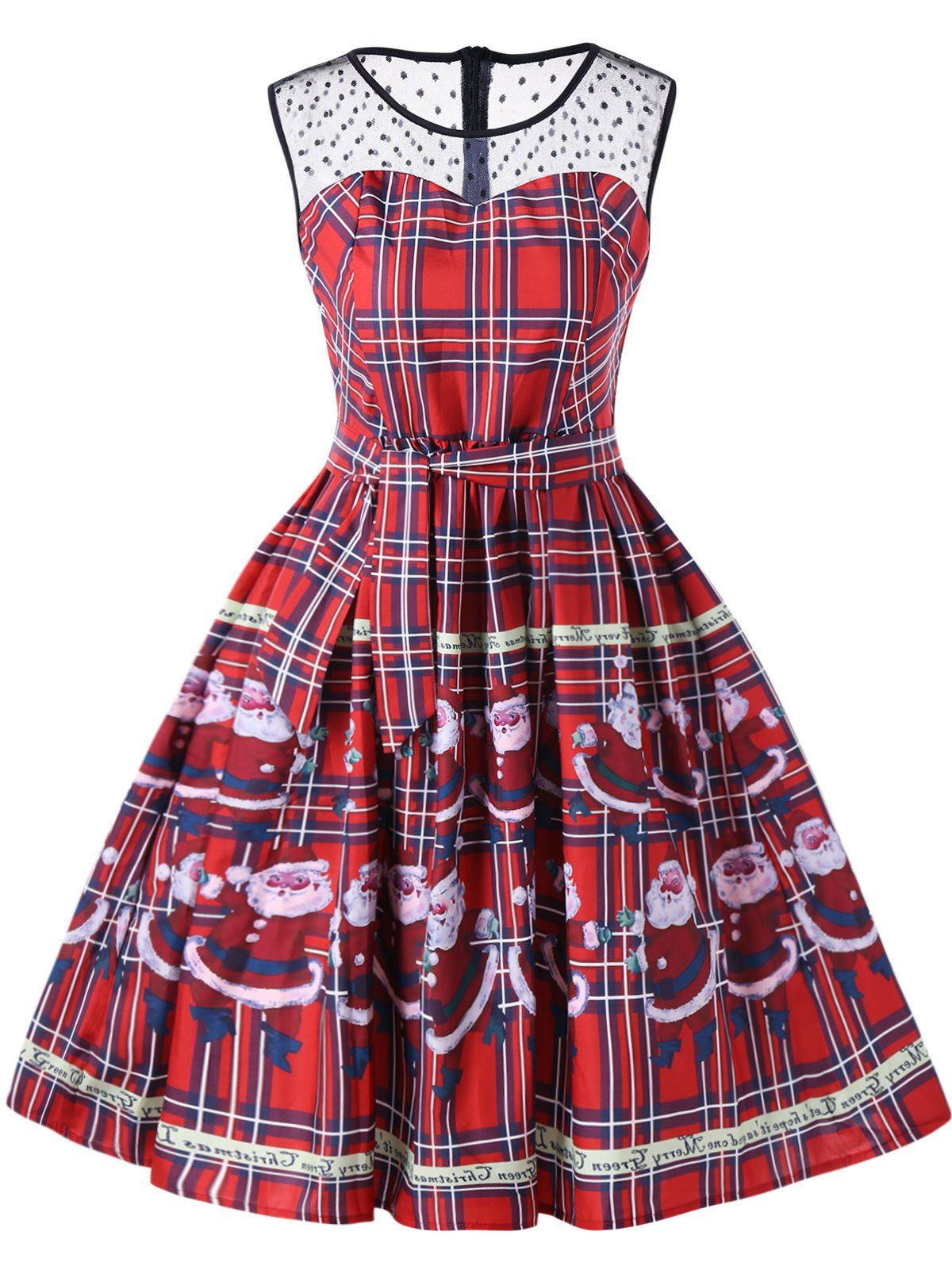 [66% OFF] Christmas Santa Claus Plaid Sheer Swing Dress | Rosegal