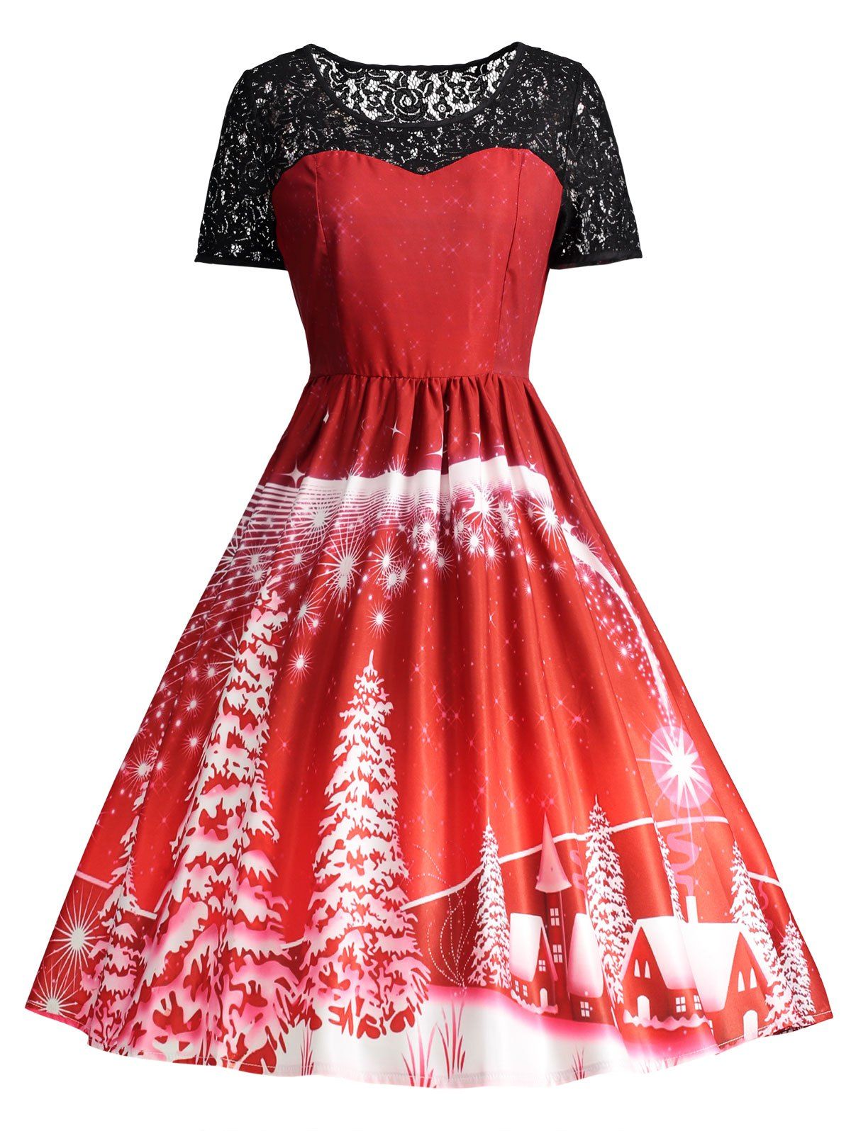 

Ugly Christmas Party Lace Trim Vintage Dress, Red