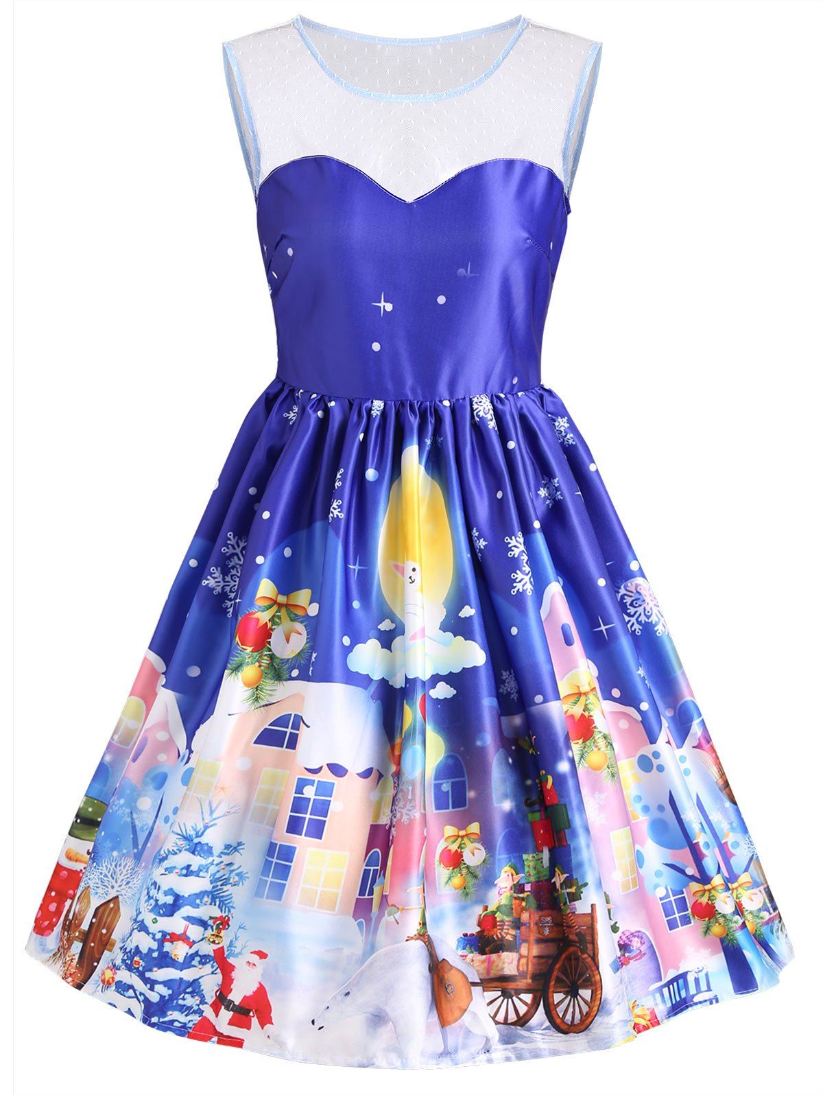 

Christmas Gaphic Lace Panel Sleeveless Vintage Dress, Blue