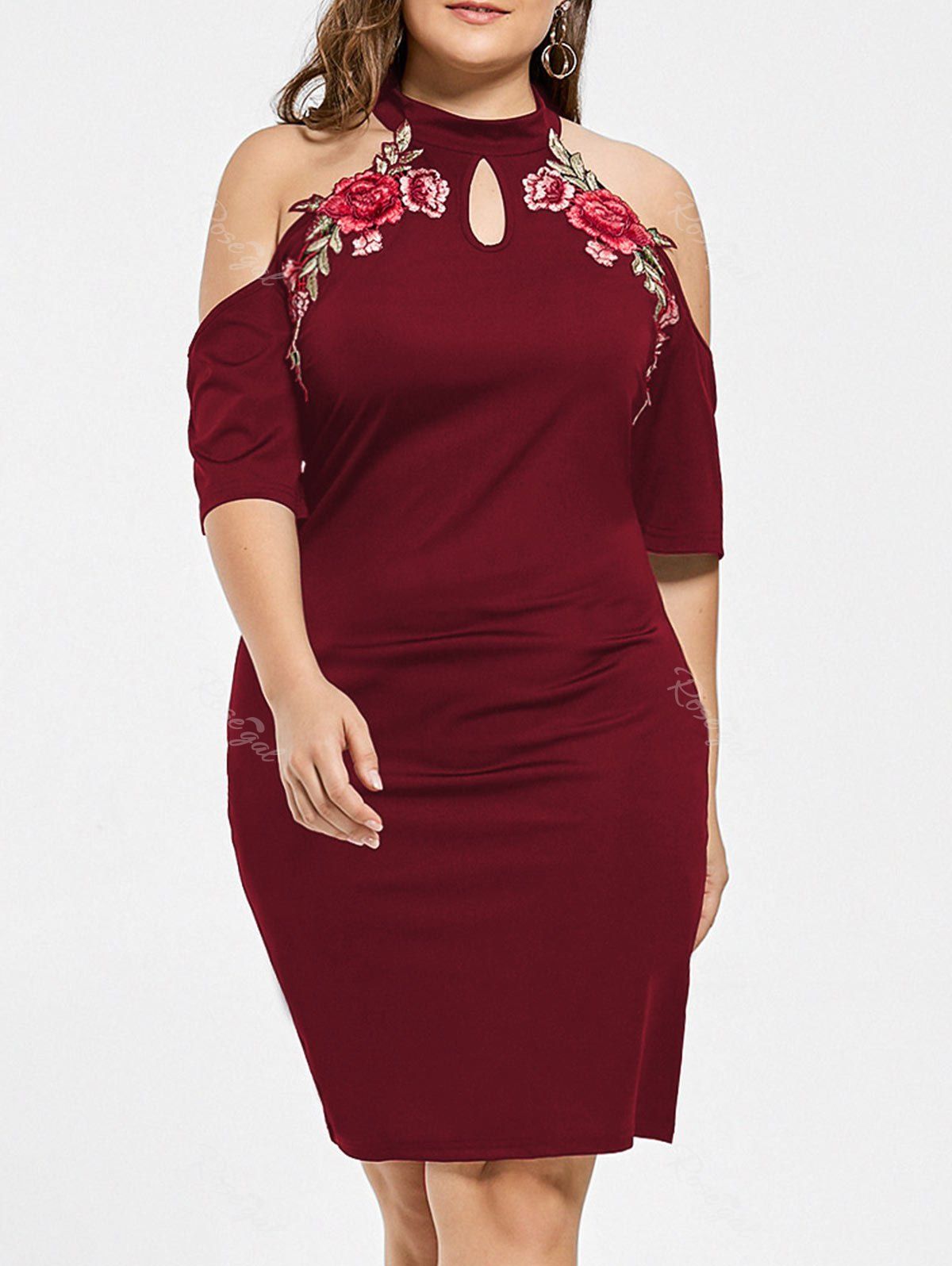 

Plus Size Embroidered Cold Shoulder Keyhole Dress, Wine red