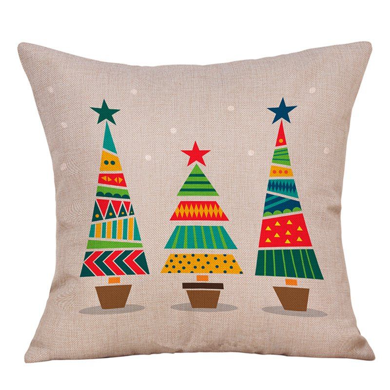 

Christmas Cartoon Trees Print Decorative Linen Pillowcase, Off-white