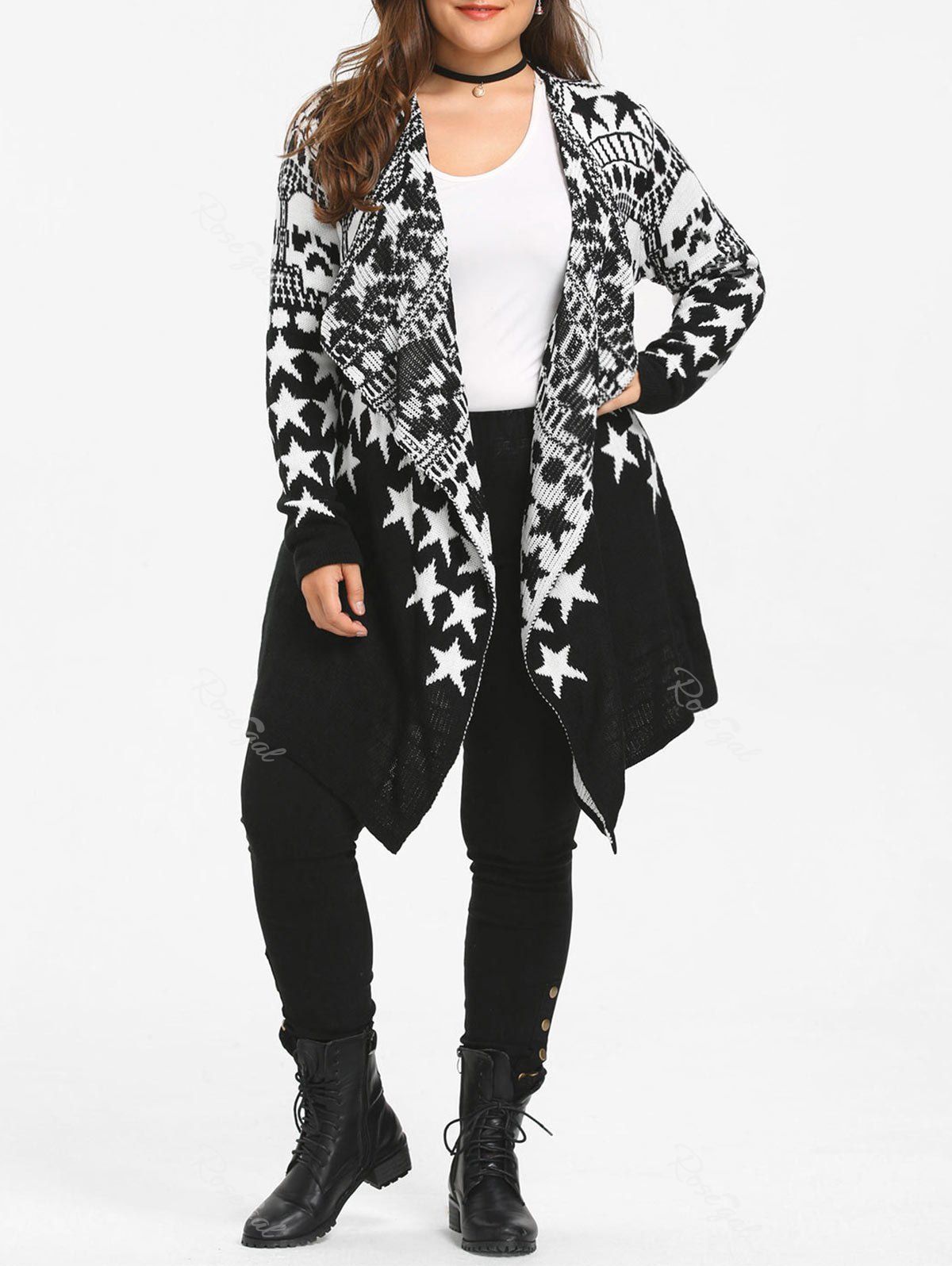 

Skull Star Plus Size Sweater Drape Cardigan, White and black