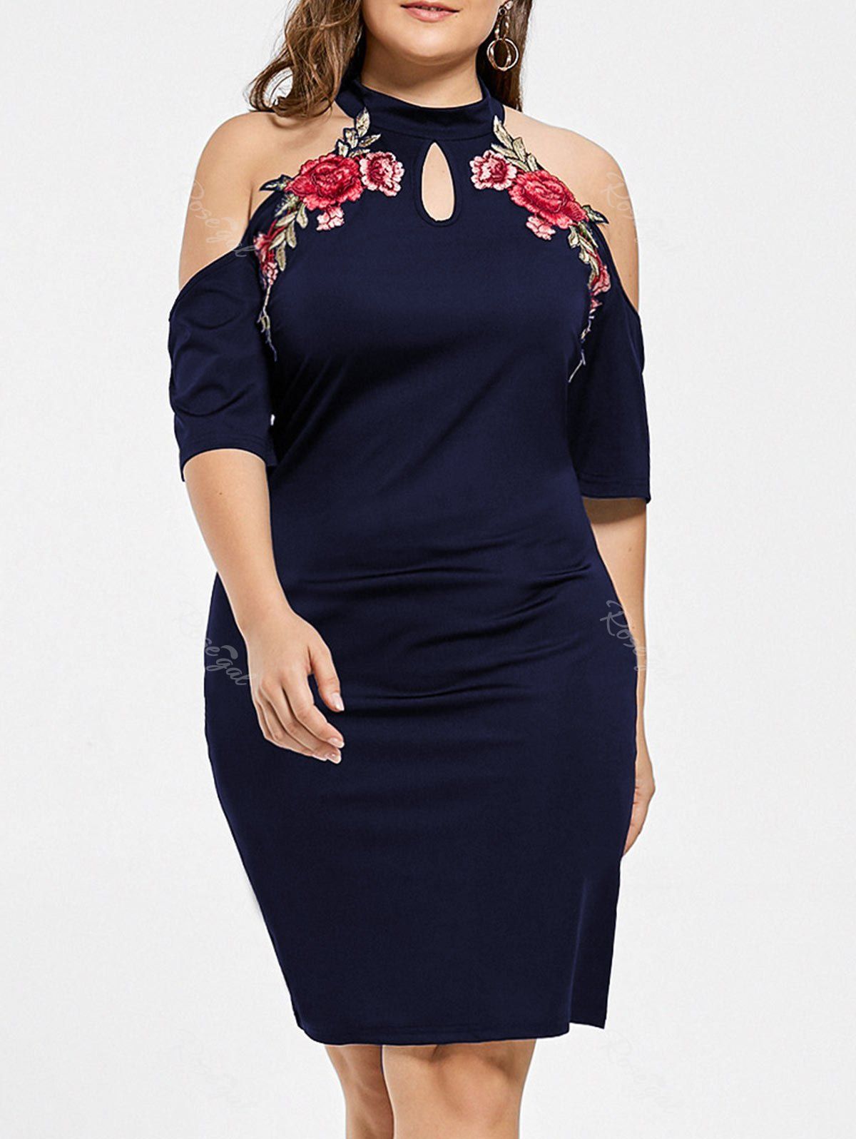 

Plus Size Embroidered Cold Shoulder Keyhole Dress, Purplish blue