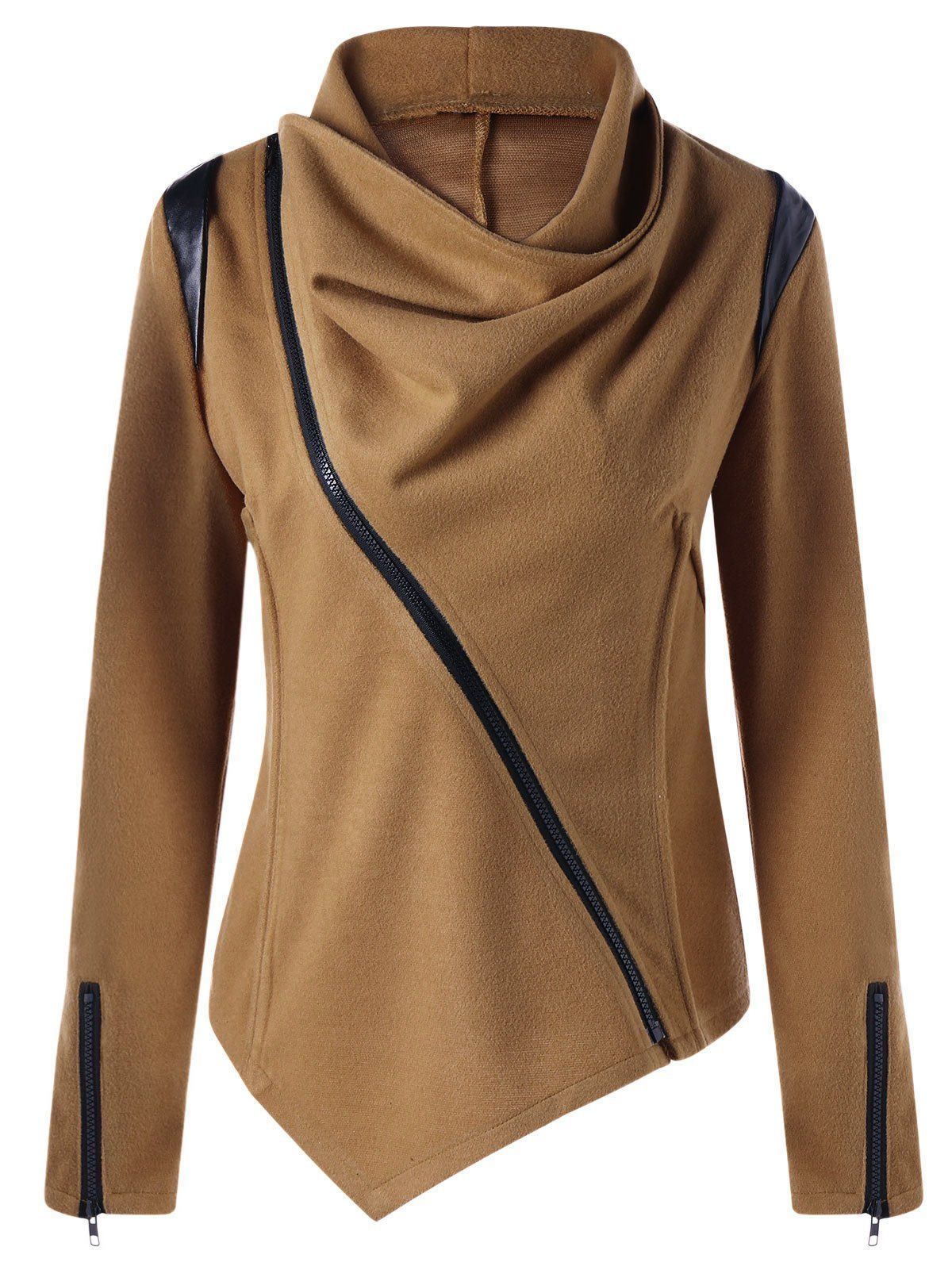

Zip Cuff Cowl Neck Asymmetrical Jacket, Camel