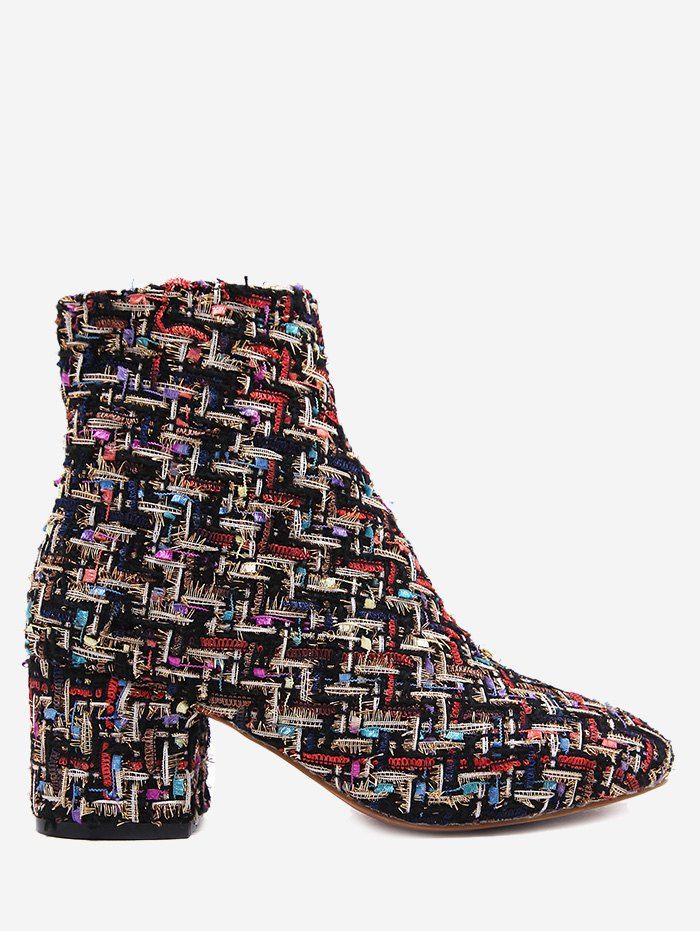 

Block Heel Mix Pattern Ankle Boots, Black