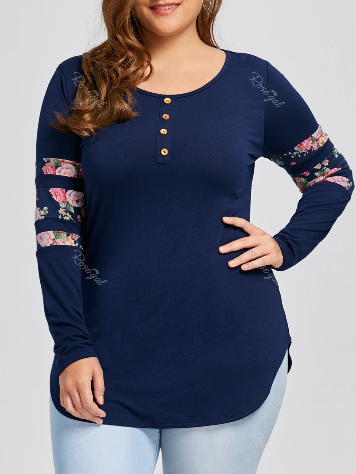 

Plus Size Floral Longline Dolphin T-shirt, Blue