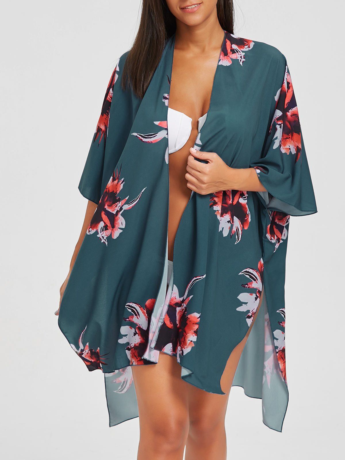 

Asymmetric Slit Flower Print Kimono Cover-Up, Blue green