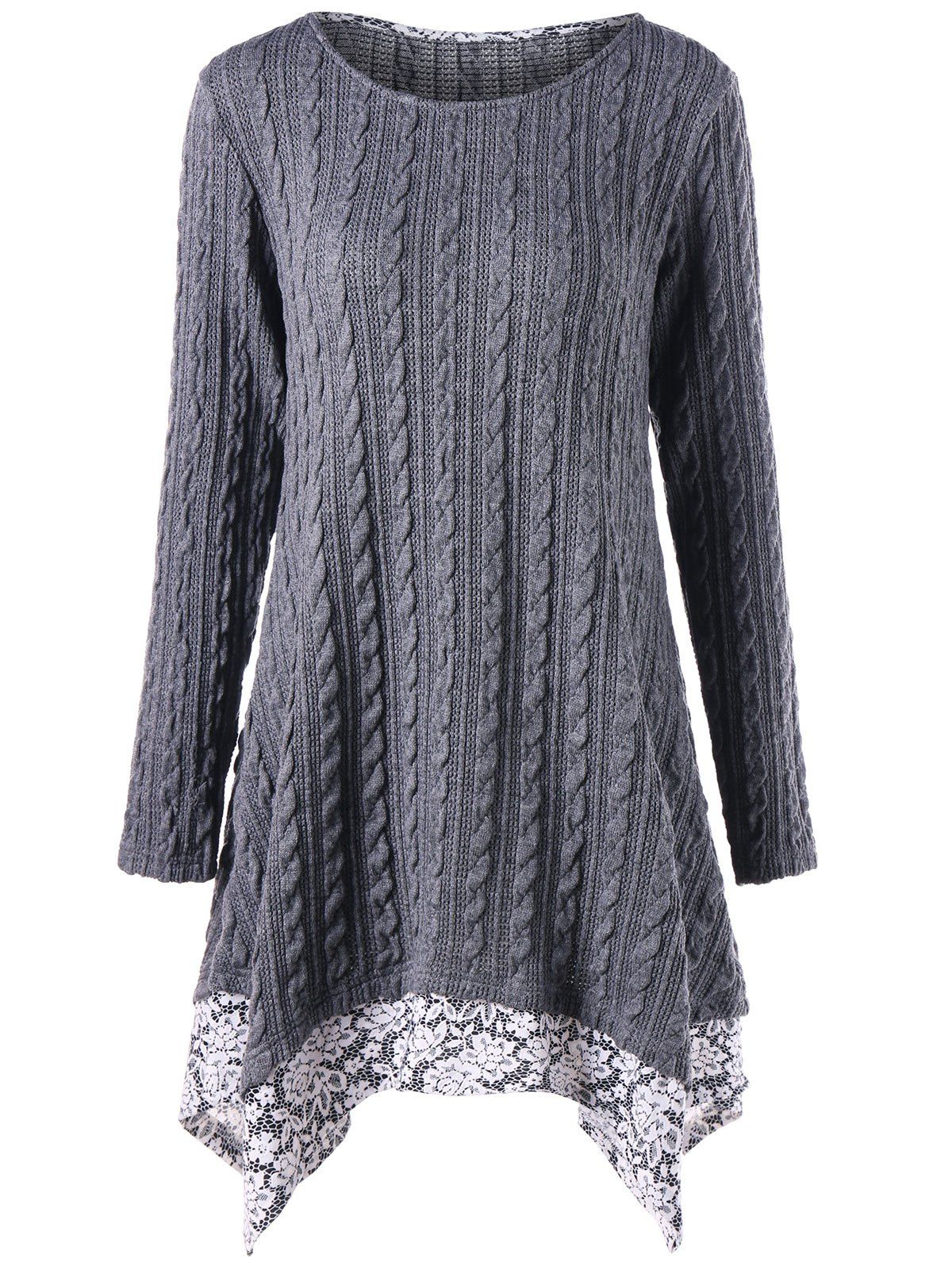 

Cable Knitted Floral Trimmed Asymmetric Dress, Gray