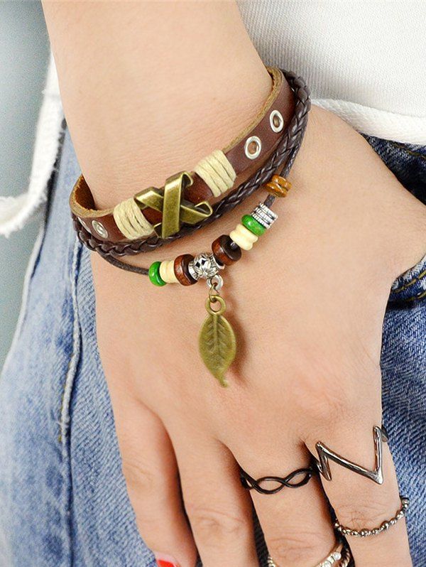 

Faux Leather Leaf Wooden Beads Charm Bracelet, Brown