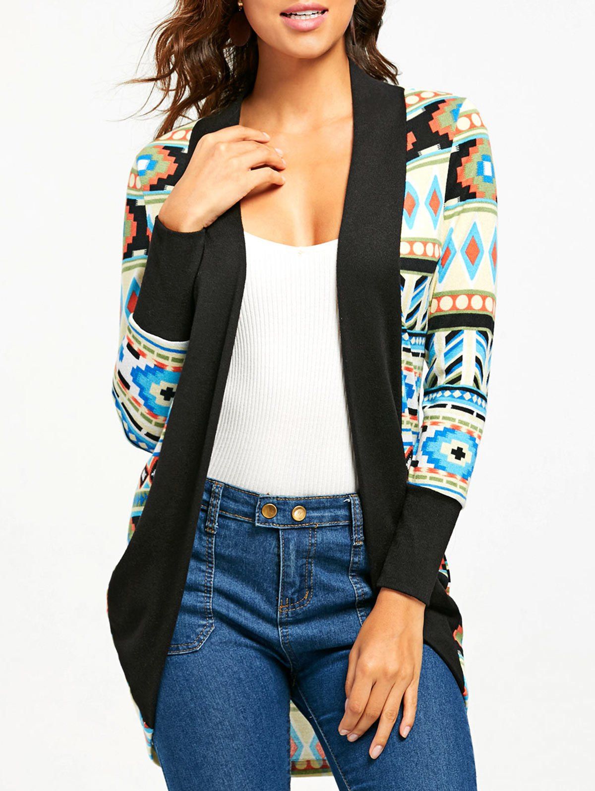 

Long Sleeve Open Front Geometric Cardigan, Colormix