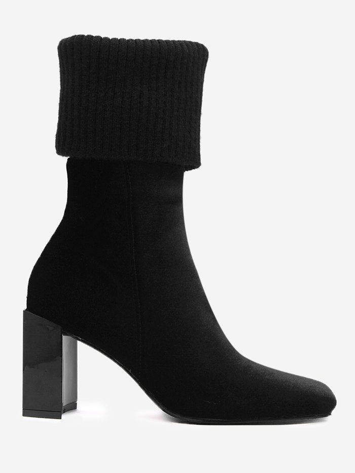 

Block Heel Fold Over Square Toe Boots, Black