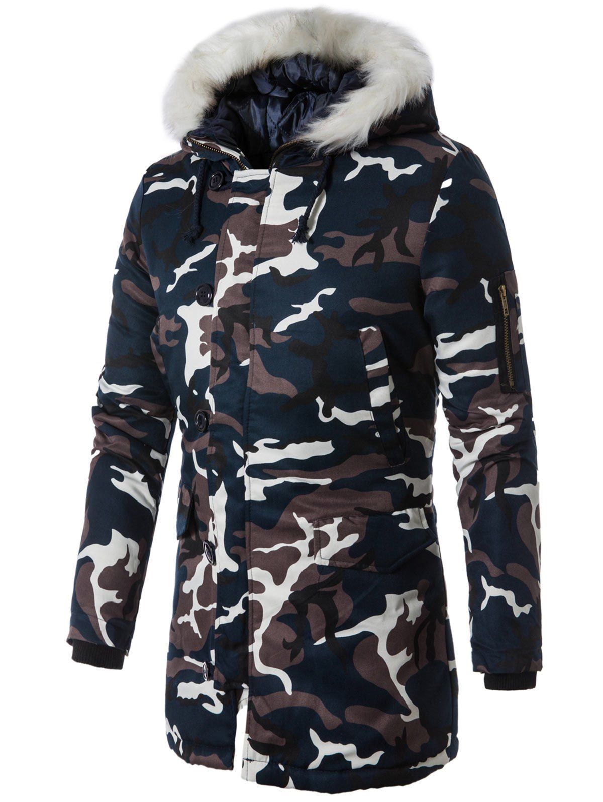 

Zip Up Faux Fur Hooded Camouflage Coat, Purplish blue