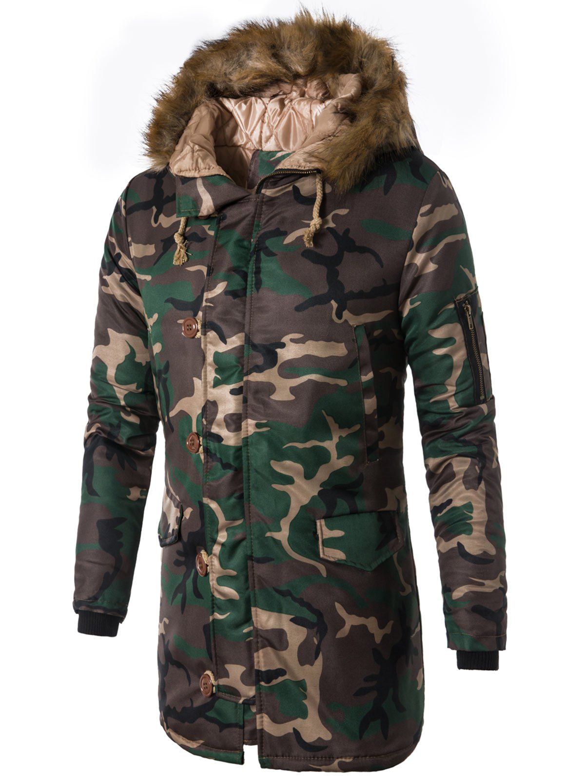 

Zip Up Faux Fur Hooded Camouflage Coat, Green