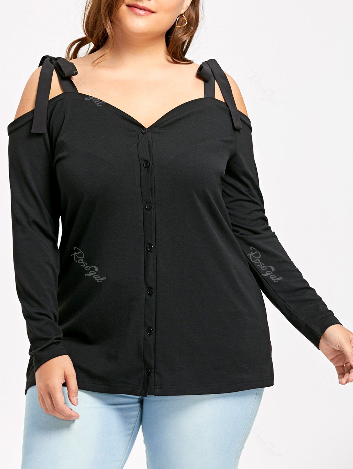 

Plus Size Tie Shoulder Button Up Top, Black