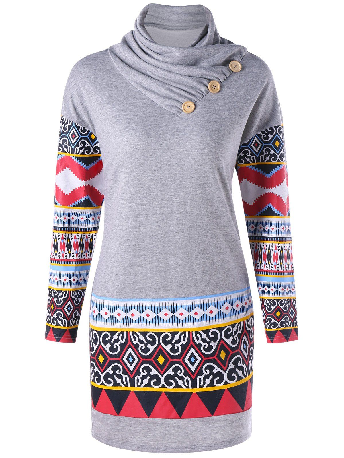 

Heap Collar Ethnic Print Long Sleeve Dress, Gray