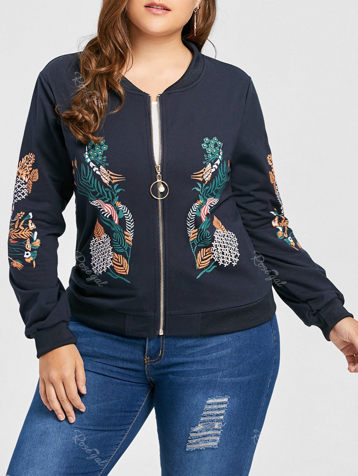 

Plus Size Pearl Zipper Floral Print Jacket, Black