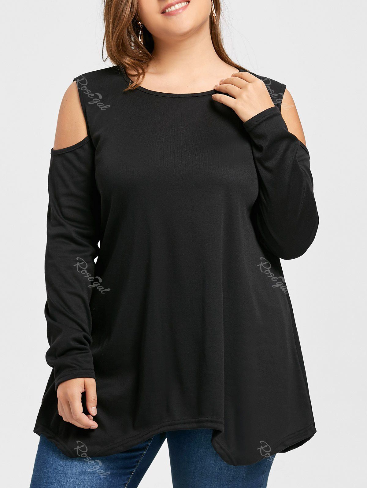 

Plus Size Asymmetrical Cold Shoulder T-shirt, Black