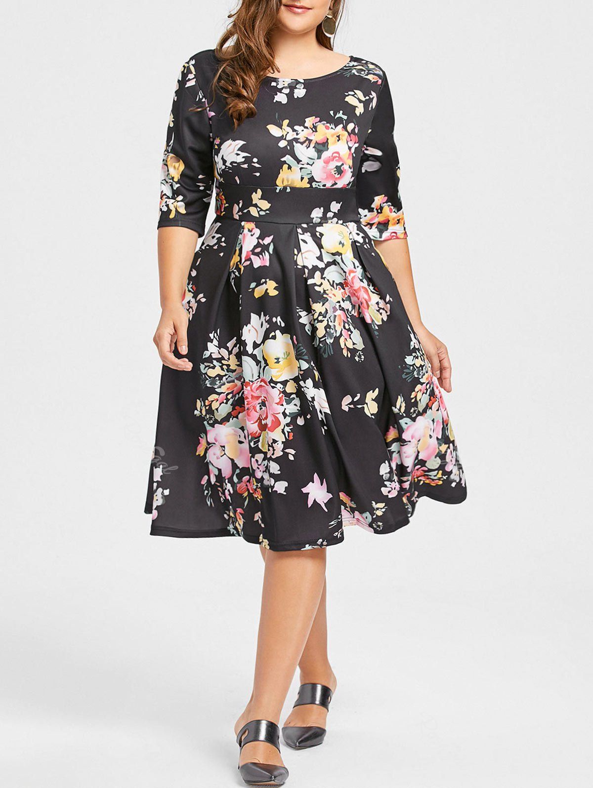 

Plus Size Empire Waist Flower Print Dress, Black