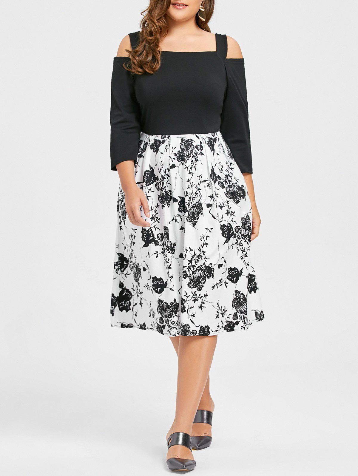 

Plus Size Floral Print Cold Shoulder Dress, Black