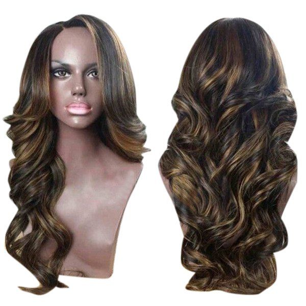 

Side Parting Long Colormix Wavy Synthetic Wig, Black and brown