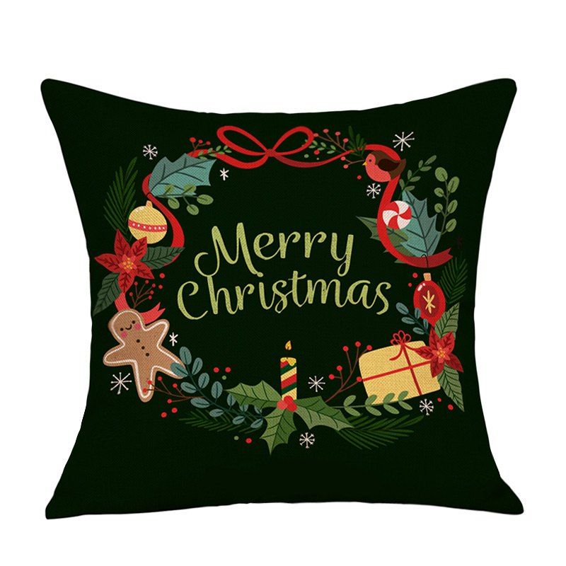 

Merry Christmas Wreath Print Decorative Linen Pillowcase, Black