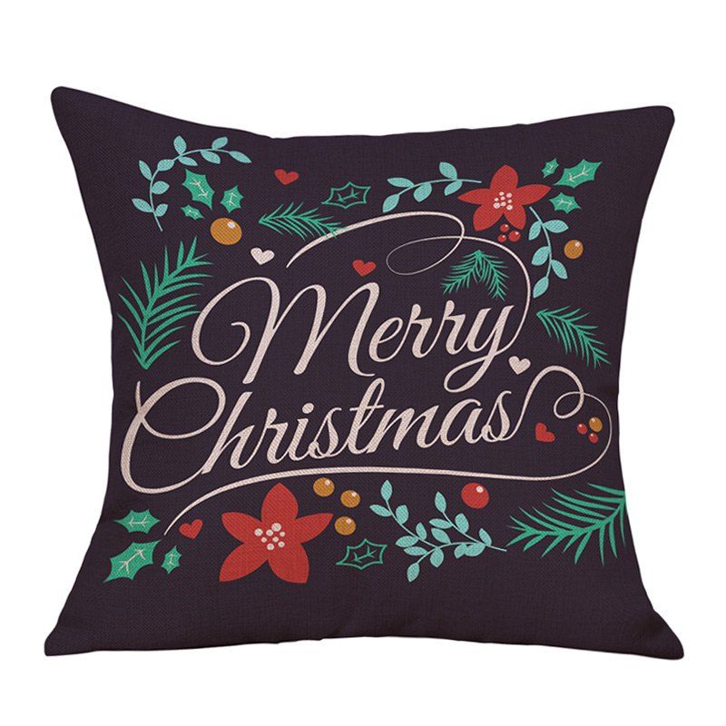 

Merry Christmas Leaves Print Decorative Linen Pillowcase, Black