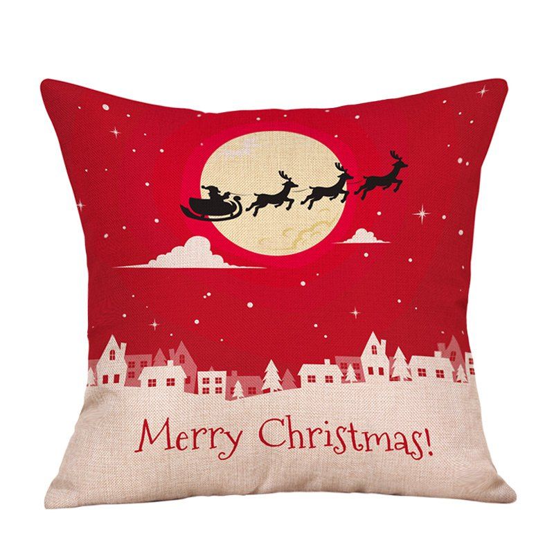 

Cartoon Christmas Night Print Decorative Linen Pillowcase, Red