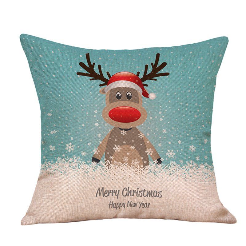 

Cartoon Christmas Deer Print Decorative Linen Pillowcase, Colormix