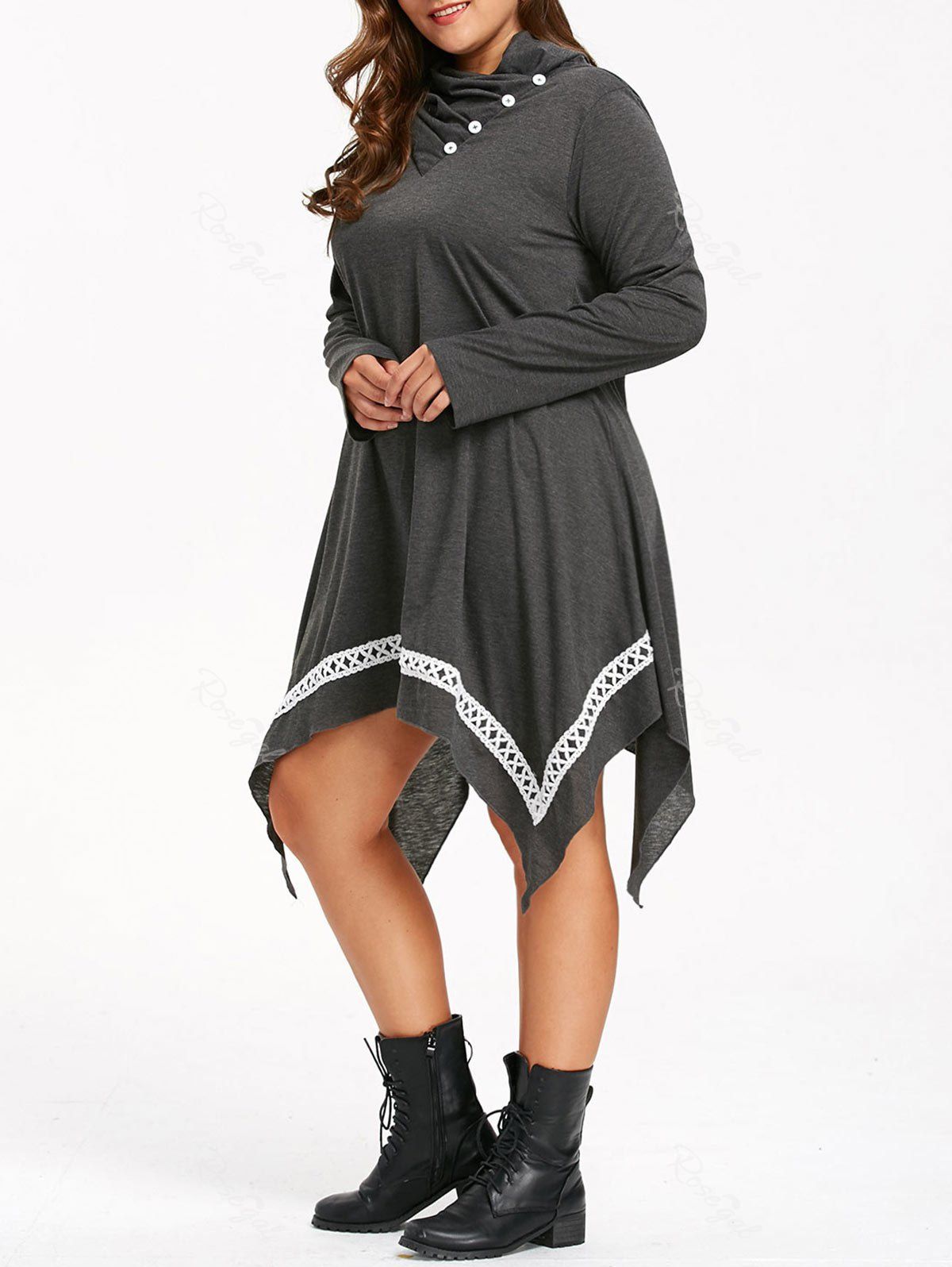 

Button Heaps Collar Plus Size Handkerchief Dress, Deep gray