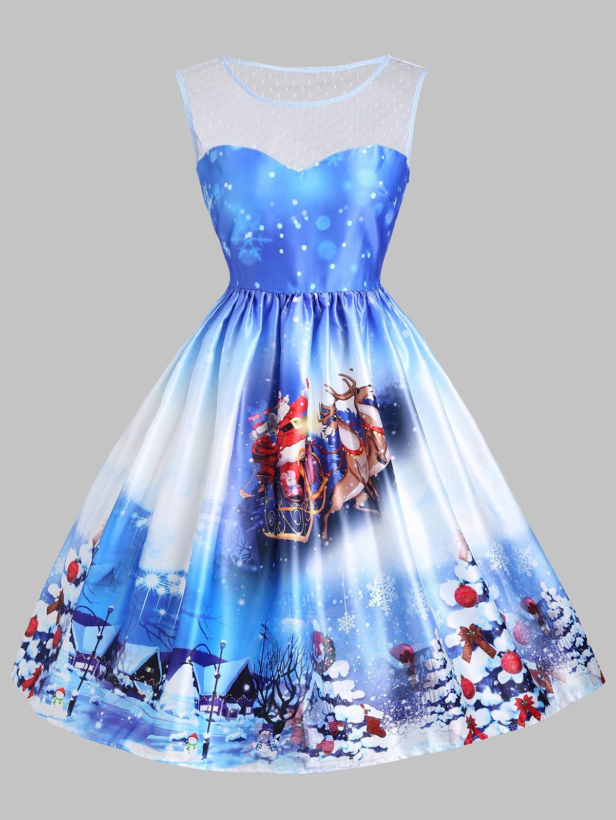 

Christmas Tree Sled Mesh Insert Dress, Blue