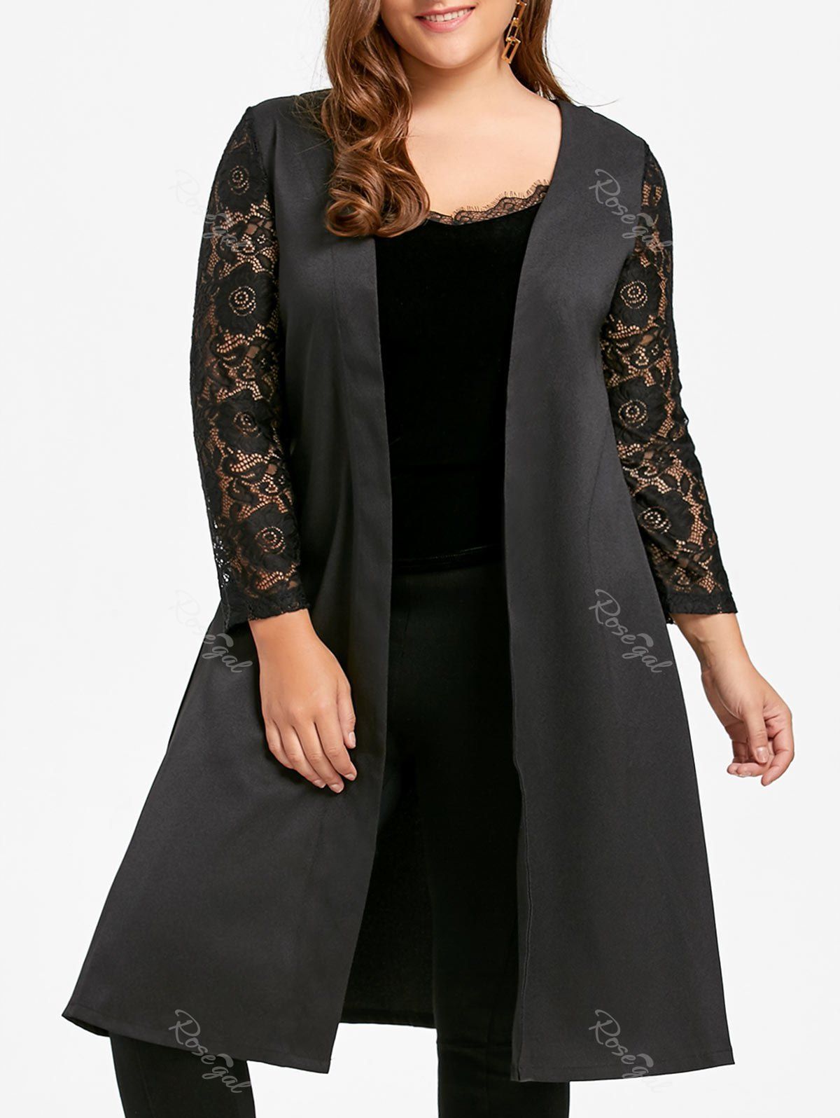 

Lace Sleeve Plus Size Long Trench Coat, Black