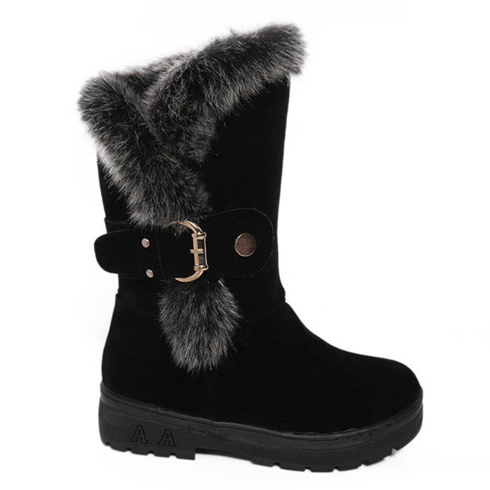

Low Heel Side Zip Buckle Strap Mid Calf Boots, Black