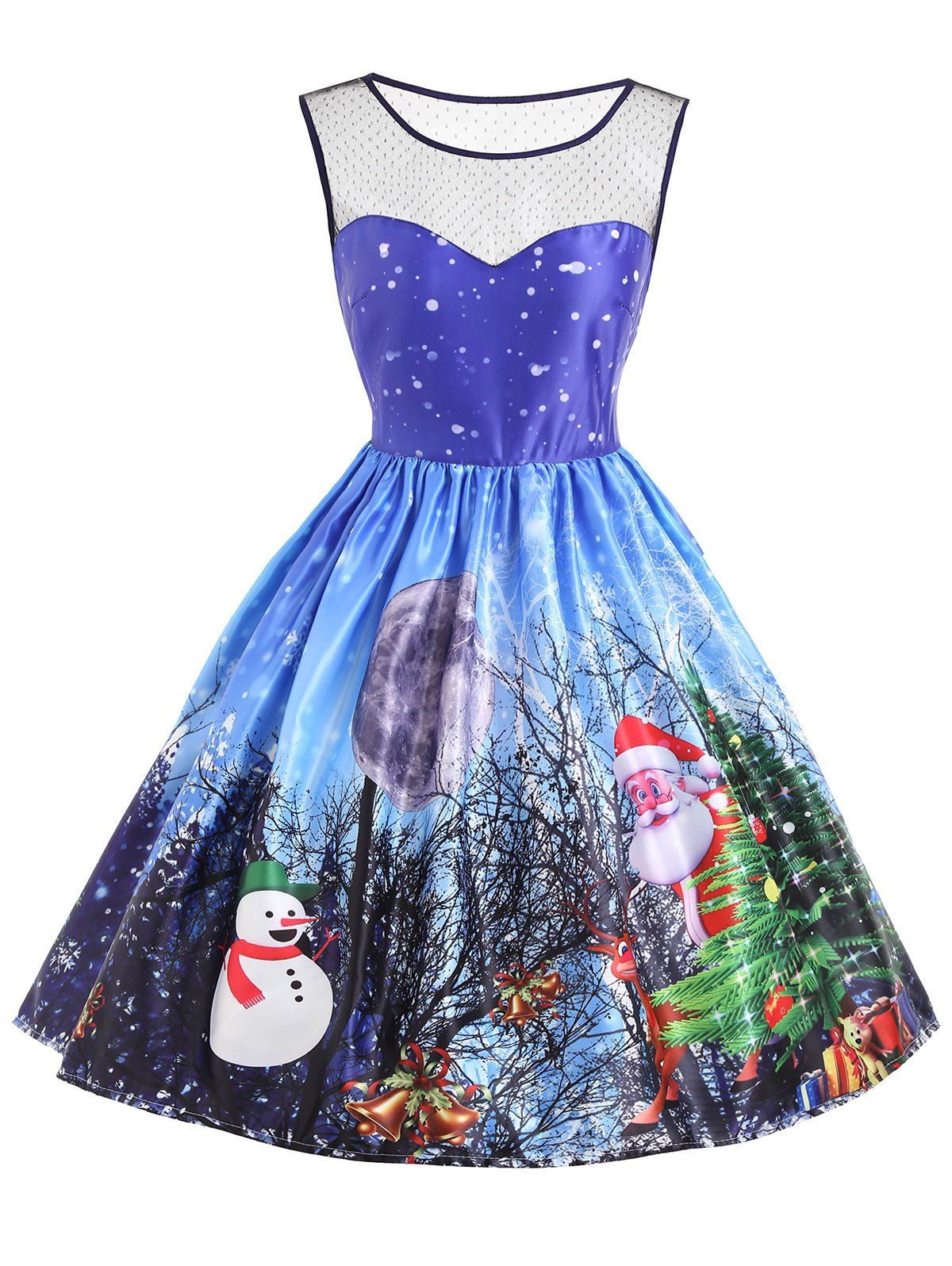

Christmas Santa Claus Snowman Mesh Insert Dress, Blue